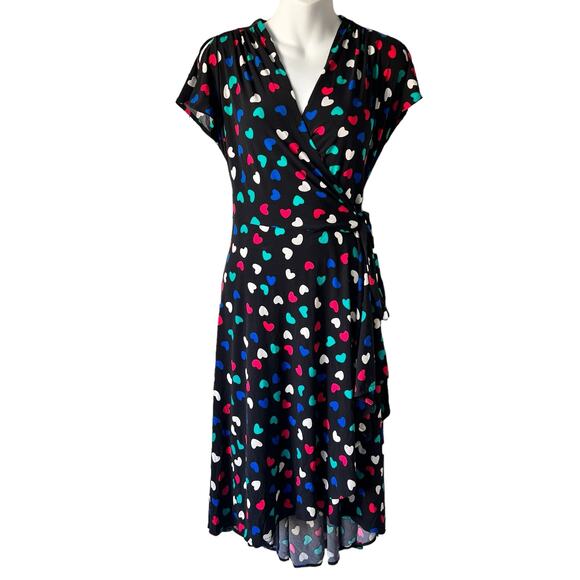 New* Wrap Dress Size Medium Black Pink Green Hearts Fit & Flare Colorful READ - Picture 1 of 16